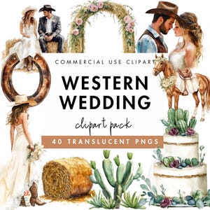 Clipart de acuarela de boda occidental / Ilustraciones de bodas / Clip art de estilo occidental / Gráficos para uso comercial / Boda vaquera