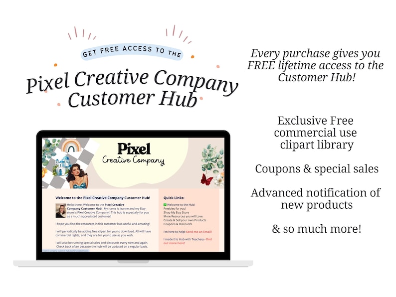 Pode incluir: Um laptop exibe o site Pixel Creative Company Customer Hub. A tela mostra uma mensagem de boas-vindas, links r&aacute;pidos e o logotipo da empresa. O texto na tela inclui "Exclusive Free commercial use clipart library" e "Coupons & special sales."