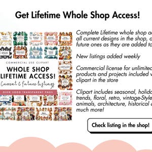 May include: Image advertising lifetime access to a clipart shop. Text includes "Whole Shop Lifetime Access!" and "Over 5000 Transparent PNGs." The clipart includes seasonal, floral, retro, and vintage-style designs.
