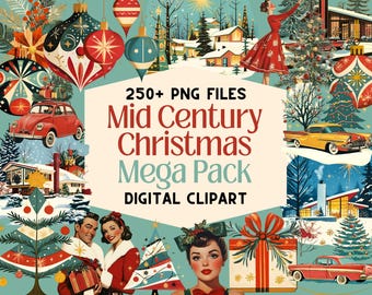 Mega-Paket mit Weihnachts-Cliparts im Mid-Century-Stil | Über 250 Retro-Weihnachts-PNG-Dateien der 1950er-Jahre | Vintage-Weihnachtsgrafiken | Kommerzielle Nutzung | Karten, Scrapbooking