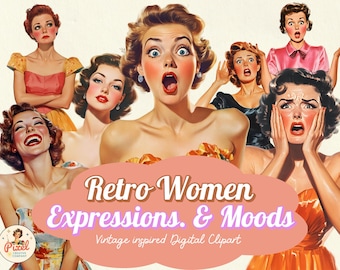Imágenes prediseñadas de mujeres estilo retro de los años 50 / Expresiones y estados de ánimo vintage de mujeres / Gráficos PNG / Uso comercial