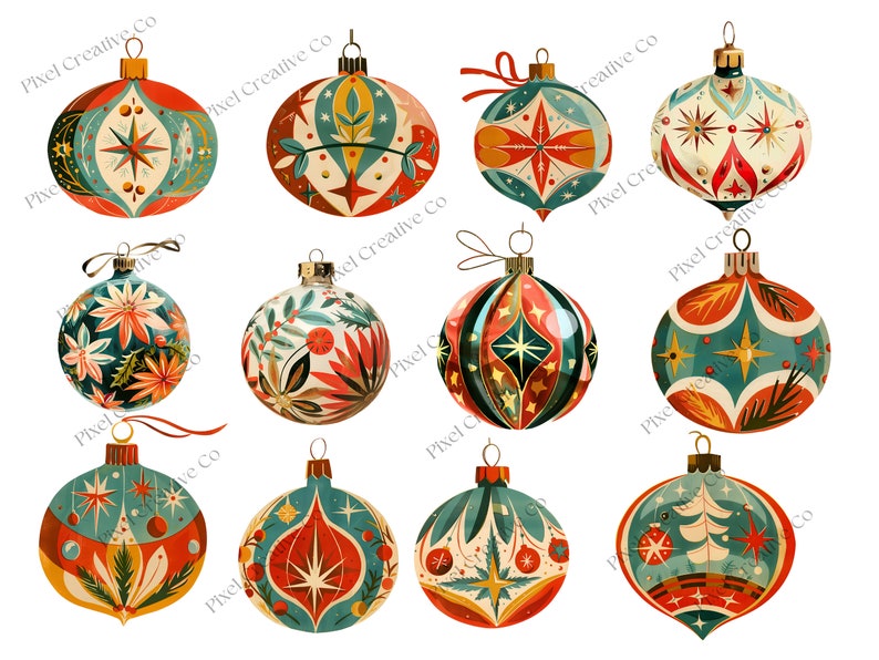 1950s Christmas Baubles Clipart, 50s Christmas Tree Decorations clip art, Retro Christmas Baubles, Vintage Christmas, Mid Century Christmas