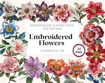 Embroidered Flowers Clipart: High-Resolution Graphics for Commercial Use (PNG, PDF Download)