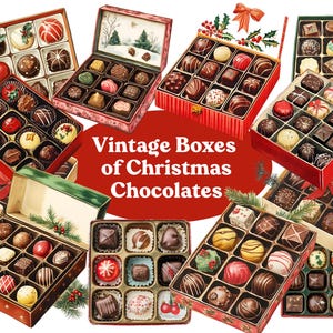 Vintage dozen met kerstpralines clipart-graphics Kerstversieringen met eten Retro kerst clipart-graphics en illustraties