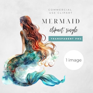 Clipart de aquarela de sereia | IMAGEM ÚNICA | Uso comercial, PNG transparente, sem fundo