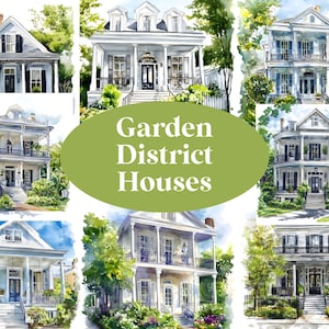 Casas do New Orleans Garden District clipart Lindas aquarelas Garden District Casas e mansões Ilustrações gráficas uso comercial