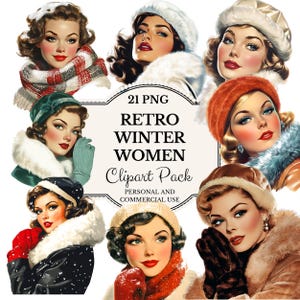 Op de afbeelding: Een set van 21 digitale clipart-afbeeldingen met retro wintervrouwen in verschillende poses en outfits. De vrouwen dragen wintermutsen, sjaals en jassen. De afbeeldingen zijn in PNG-formaat en perfect voor gebruik in digitaal scrapbooken, kaartmaken en andere creatieve projecten.