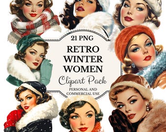 Vintage Winter Women Clipart: Retro 40s-50s Fashion (PNG, PDF)