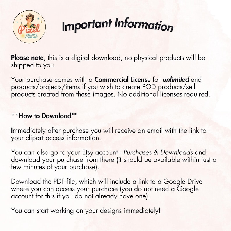 Pode incluir: Uma folha de informa&ccedil;&otilde;es de download digital com o logotipo da Pixel Creative Company. O texto inclui detalhes sobre o download digital, a licen&ccedil;a comercial e como baixar os arquivos. O texto est&aacute; em fonte preta sobre fundo branco.