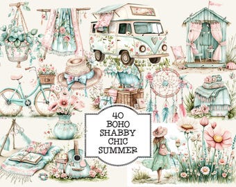 May include: A collection of 40 watercolor illustrations featuring a bohemian, shabby chic summer theme. The illustrations include a vintage camper van, a beach hut, a bicycle, a dreamcatcher, flowers, a hat, a guitar, and a woman in a dress.