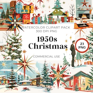 Clipart de Natal de meados do século 1950, uso comercial, ilustrações de Natal, Natal retrô, gráficos nostálgicos de Natal vintage