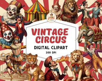 Clipart de Circo Vintage: Efêmeros de Carnaval Vitoriano, Animais (PNGs, PDF, Download Digital)