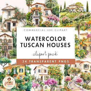 Tuscan Houses Watercolor Clipart | Houses clipart | Tuscany Clipart | Commercial use | Tuscan Graphics | Tuscany illustrations