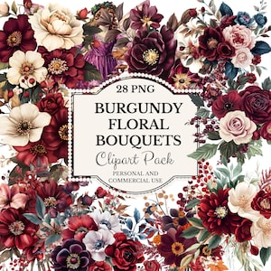 Clipart bouquets de fleurs bordeaux, graphiques de fleurs bordeaux, illustrations florales bordeaux, fleurs rouges, Format PNG, fond Transparent