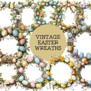 Retro Easter Wreaths Clipart, Easter Egg Wreath, Vintage-Inspired Easter, Commercial Use, Paper Crafts, Junk Journals, Easter Wreath PNG