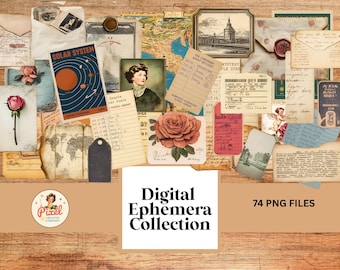 Może przedstawiać: Kolekcja zabytkowych efemeryd, w tym pocztówek, ilustracji botanicznych i odręcznych notatek. Obraz zawiera grafikę "Solar System", portret oraz tekst "Digital Ephemera Collection - 74 PNG FILES". Przedmioty ułożone są na drewnianej powierzchni.