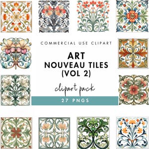 Jugendstil Fliesen Clipart Illustration Grafiken | Kunsthandwerk | Perfekt für Grußkarten, Scrapbooks, Junk Journals, Wall Art | Band II