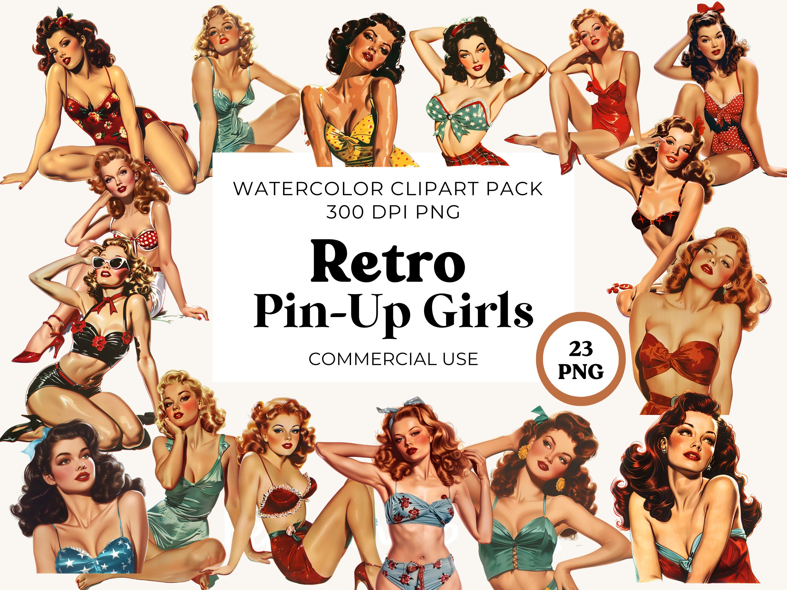 Retro Vintage Women graphics Pin Up Girls Watercolor Clipart, 1950s women and girls, 1940s women and girls, Retro Women clipart graphics