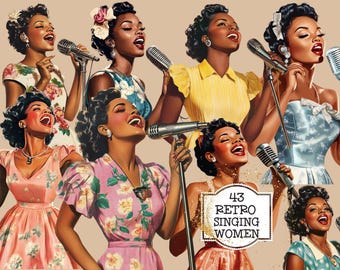 Op de afbeelding: Illustratie van negen retro-zangeressen met microfoons. Ze dragen jurken in verschillende kleuren en bloemmotieven. De afbeelding bevat de tekst "43 Retro Singing Women".