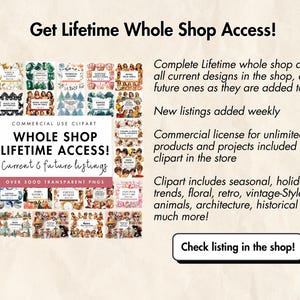 Pode incluir: Imagem que promove o acesso vital&iacute;cio a uma cole&ccedil;&atilde;o de cliparts de uma loja. O texto inclui "Acesso Vital&iacute;cio a Toda a Loja!" e "Listagens atuais e futuras". O clipart inclui designs sazonais, de feriados e de estilo vintage.
