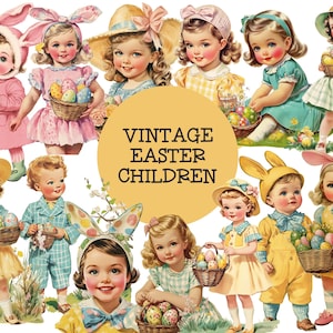 Retro Vintage-inspirierte Ostern Kinder Clipart, Retro Osterkind PNG, kommerzielle Nutzung, Retro Ostern Grafiken, Junk Journal, Papiermodelle