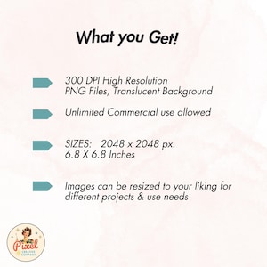Pode incluir: Gr&aacute;fico com o texto "What you Get!" lista recursos: 300 DPI Alta Resolu&ccedil;&atilde;o Arquivos PNG, Fundo Transl&uacute;cido, Uso comercial ilimitado e tamanhos de imagem de 17,3 x 17,3 cm. A imagem inclui um logotipo da Pixel Creative Company.