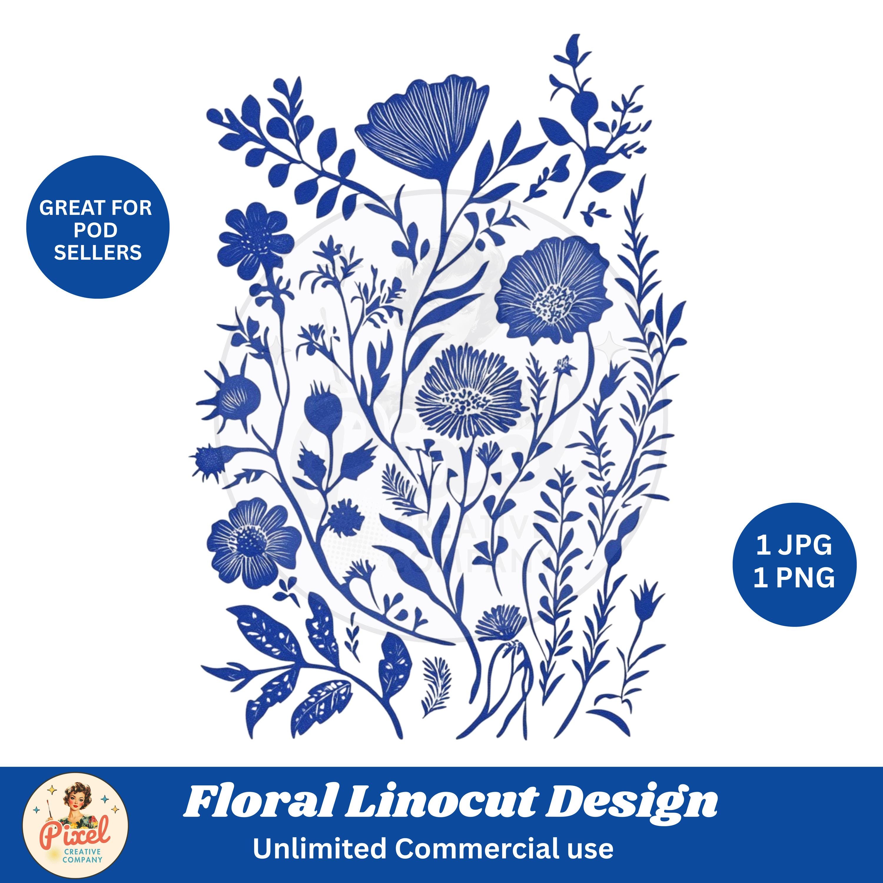 Floral Linocut Blue PNG JPG Translucent File, POD Sellers Clipart ...