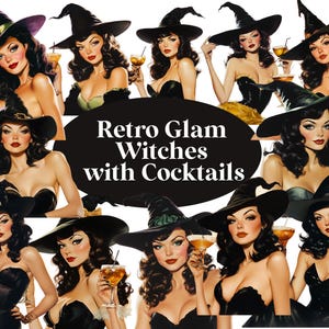 Streghe retrò glamour con cocktail Donne retrò vintage con capelli scuri, streghe glamour con cocktail, perfette per gli inviti!