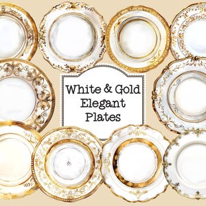 Weiß und Gold Elegant Teller Clipart, Menü Illustrationen, Restaurant Logo, China Teller und Geschirr Grafiken, kommerzielle Nutzung