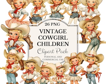 May include: A set of 26 vintage cowgirl children clipart images. The images feature girls wearing cowboy hats, boots, and clothing. The images are in a cartoon style and are perfect for use in digital scrapbooking, card making, and other craft projects.