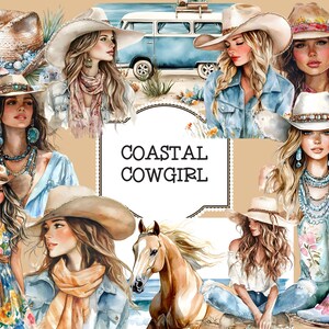 Clipart Coastal Cowgirl, Beach Cow Girl-graphics, blauw groen koraal crème, Boho Western-illustraties, Boho Coastal Beach Woman, strand png PNGEgg