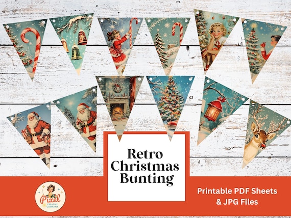 Retro Christmas Bunting Printable: Vintage Holiday Decoration (PDF & JPEG Files)