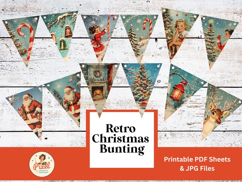 Retro Christmas Bunting Printable | Vintage Christmas Decoration | Digital Download | Holiday Bunting Printable | PDF File | JPEG files