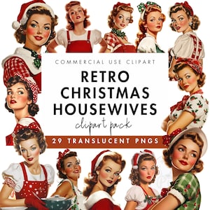 1950s Housewives Watercolor Clipart: Retro Women PNG (Commercial Use, Digital Download)