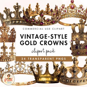Vintage-Style Gold Crowns Clipart, Gold Crown clip art, Gold Crowns graphic illustrations Commercial use, Gold tiaras graphics clipart PNG