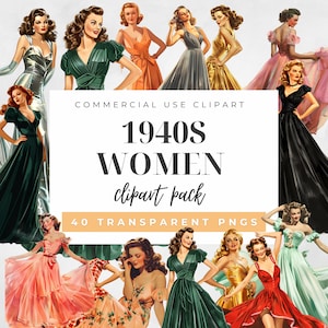 Conjunto de imágenes prediseñadas digitales de mujeres retro de los años 40: ilustraciones de moda vintage de alta resolución para diseñadores y uso comercial