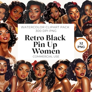 Retro zwarte pin-upgirls clipart, retro zwarte vrouwen illustraties, retro graphics, vintage-geïnspireerde zwarte vrouwen clipart, jaren 1950 zwarte vrouwen