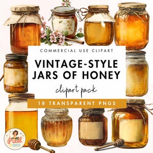 Honig Gläser Vintage-Stil Clipart | Retro Honig Gläser Grafische Illustrationen | Kommerzielle Nutzung | Glas Honig, Retro Essen Clip Art