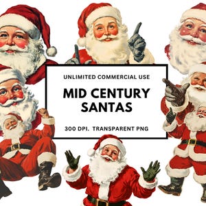May include: A set of seven vintage illustrations of Santa Claus in various poses. The illustrations are in a mid-century style and feature a red and white color scheme. The illustrations are perfect for use in holiday crafts, scrapbooking, and other creative projects.