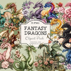Clipart de acuarela de dragón, dragones de fantasía, PNG, gráficos de cuentos de hadas mágicos, manualidades de papel, diario basura, álbumes de recortes, paquete grande, descarga instantánea