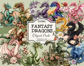 Fantasy Dragon Watercolor Clipart: Magical PNG Graphics (Digital Download)