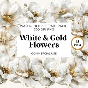 Weiß und Gold Blumen Aquarell Clipart, ClipArt weiße Blumen, Goldene und weiße Blumen PNG, kommerzielle Nutzung