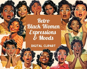 1950s Retro Black Woman Clipart | Vintage Moods & Expressions (PNG)