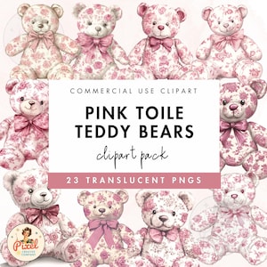 Clipart per la cameretta dei bambini con orsacchiotto in tela rosa / Toile De Jouy / PNG per orsacchiotto / PNG Chinoiserie / Clipart per baby shower / Floreale per la cameretta dei bambini rosa /