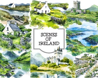 May include: A collage of watercolor paintings depicting scenes of Ireland. The images include a stone cottage, a castle, a river, and a lake. The title "Scenes of Ireland" is written in a black frame.