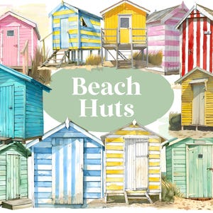 Clipart acquerello di capanne da spiaggia, clip art di capanne da spiaggia, grafica da spiaggia, uso commerciale, capanne da spiaggia a strisce, capanne da spiaggia vintage