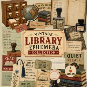 May include: A collection of vintage library ephemera featuring a wooden card catalog, a globe, a date stamp, an ink bottle, a reading journal, and various paper items including bookmarks, library cards, and signs with text like VINTAGE LIBRARY EPHEMERA COLLECTION and QUIET PLEASE.