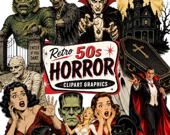 May include: A collection of horror-themed clipart graphics featuring classic monsters like a vampire, mummy, and creature from the black lagoon, alongside a haunted mansion, a coffin, and distressed figures, with the text Retro 50s HORROR CLIPART GRAPHICS.