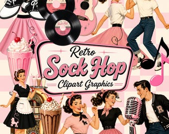 Retro 50s Sock Hop Clipart PNG images, Vintage 1950s Dance, Retro America, commercial use, Junk Journals, Scrapbook images