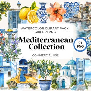 Raccolta di clipart grafiche del Mediterraneo, piastrelle mediterranee, paesaggi e oggetti mediterranei, Grecia, Santorini, isole greche PNG